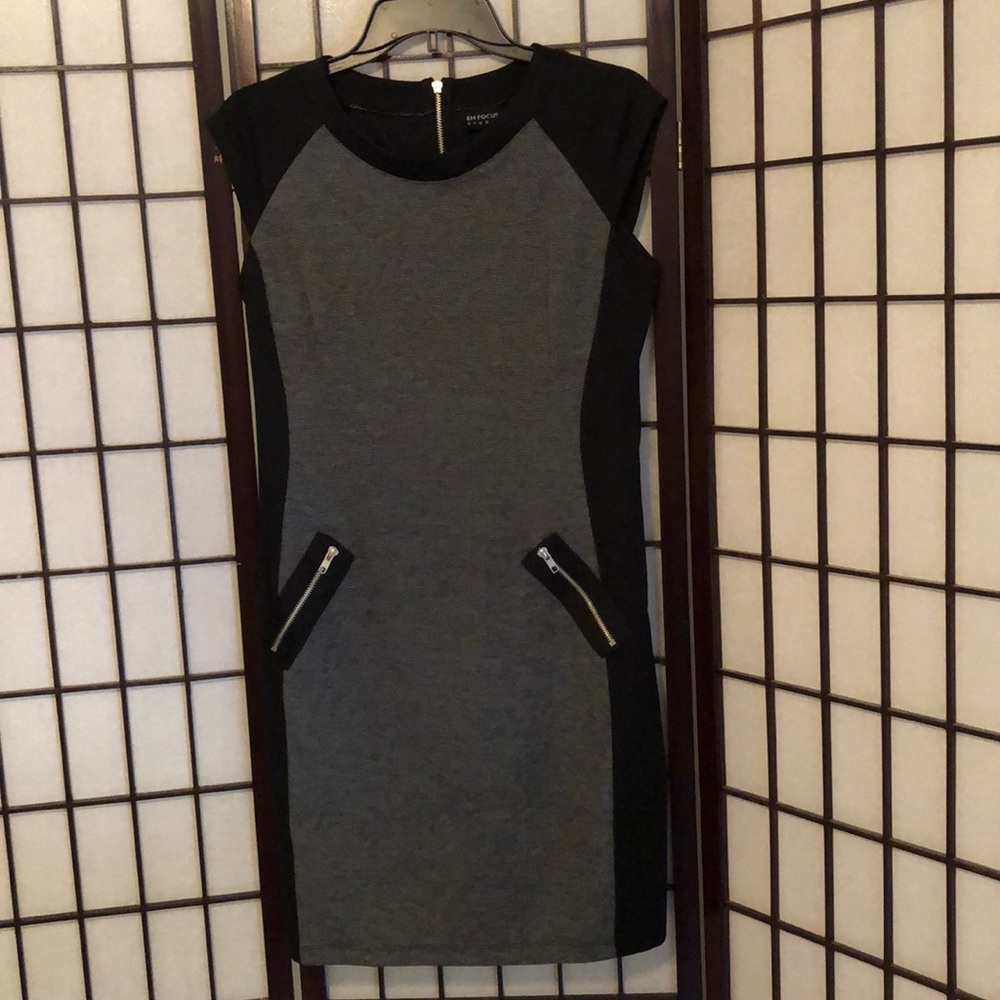Cap sleeve dress with faux zipper front pockets
